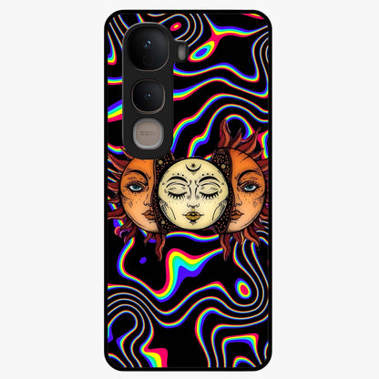 Psychedelic Sun Glass Case showing flat back view with colorful psychedelic sun artwork and glossy glass finish.