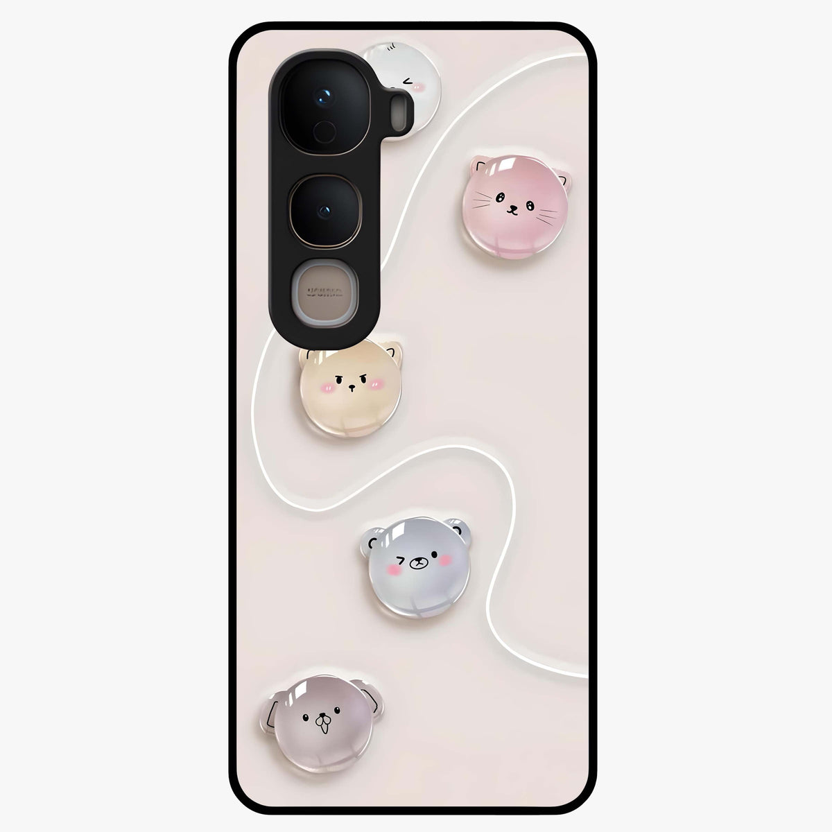 Puffy Face Parade Glass Case showing flat back view with cute puffy character faces artwork and glossy glass finish.