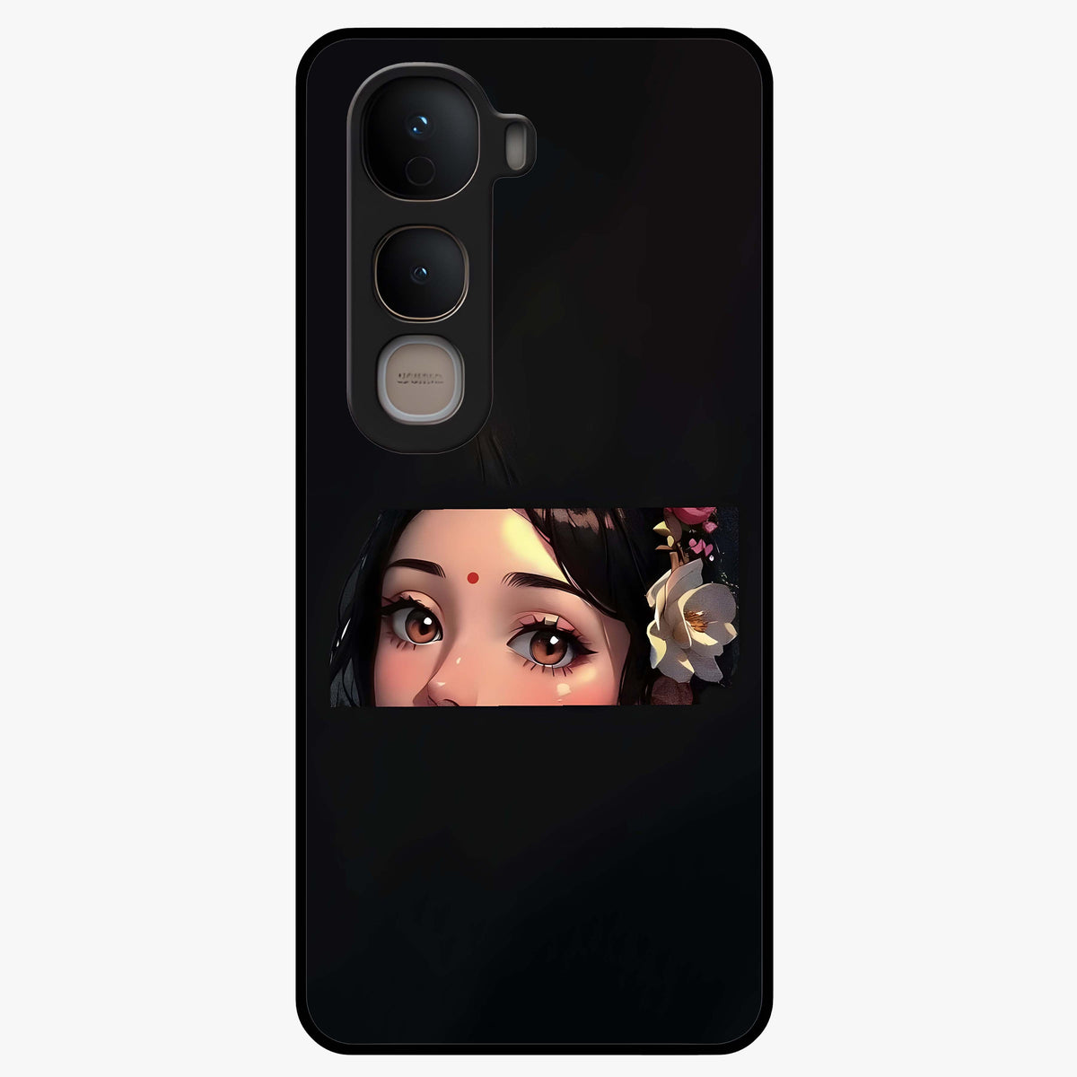 Radha Divine Embrace Glass Case showing flat back view with devotional Radha artwork and glossy glass finish.