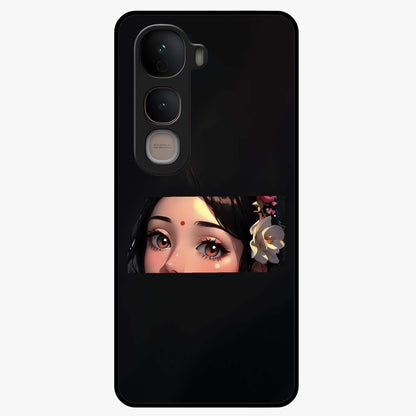 Radha Divine Embrace Glass Case showing flat back view with devotional Radha artwork and glossy glass finish.