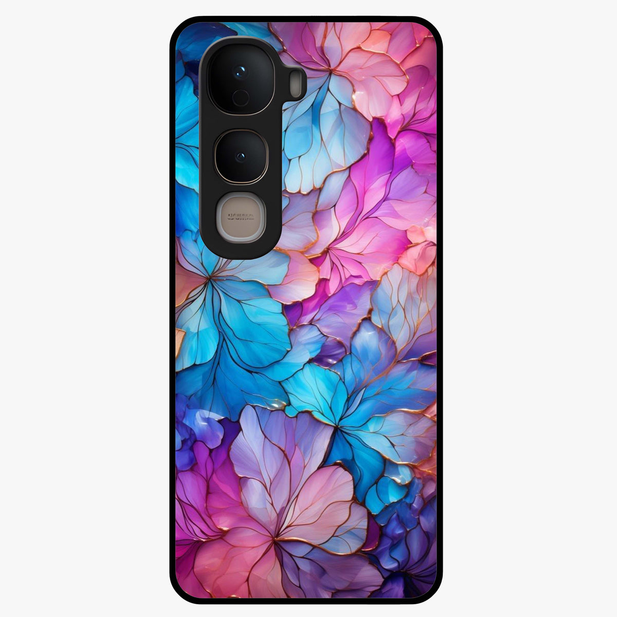 Radiant Floral Whirl Glass Case showing flat back view with swirling floral artwork and glossy glass finish.