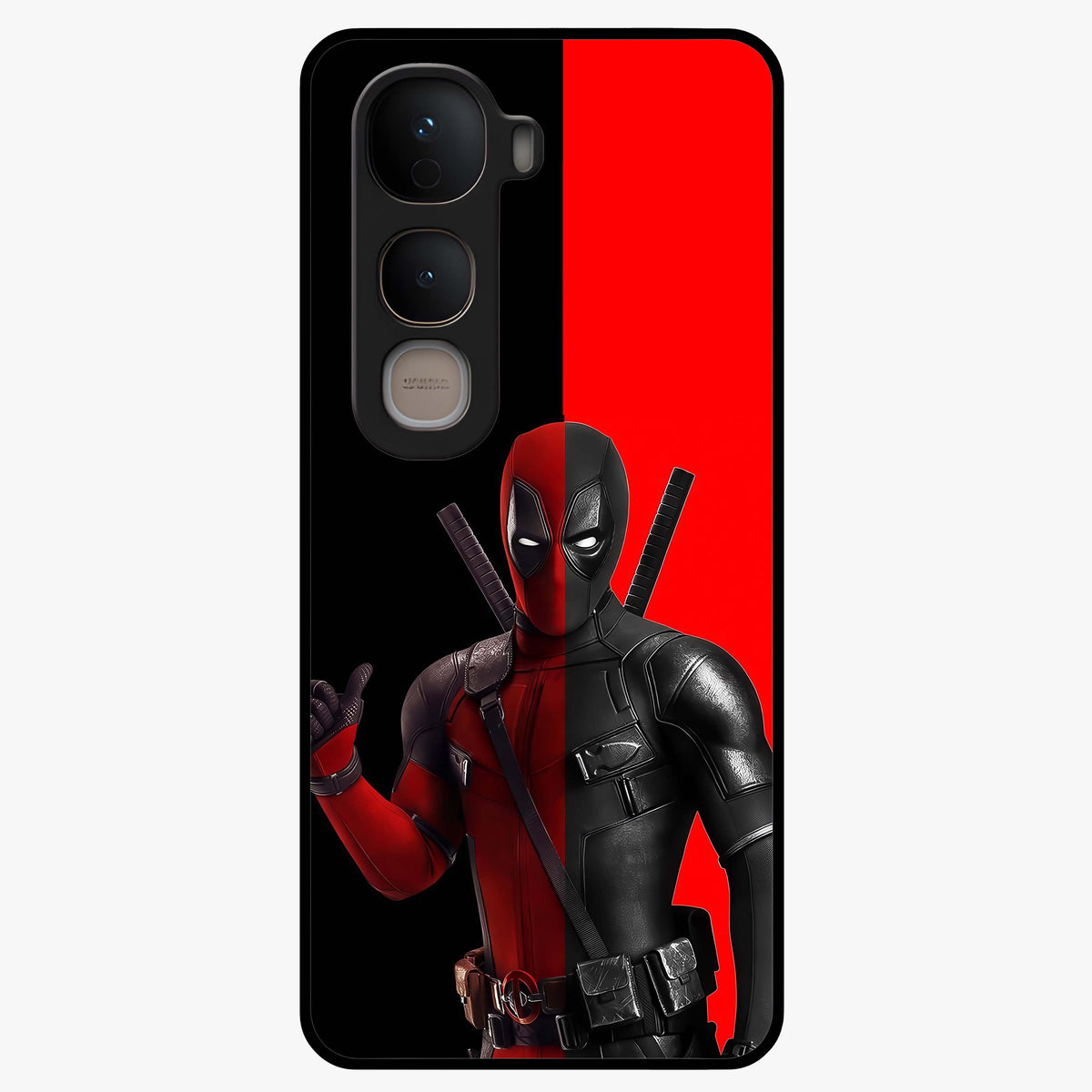 Red & Black Deadpool Theme Glass Case showing flat back view with bold comic inspired artwork and glossy glass finish.