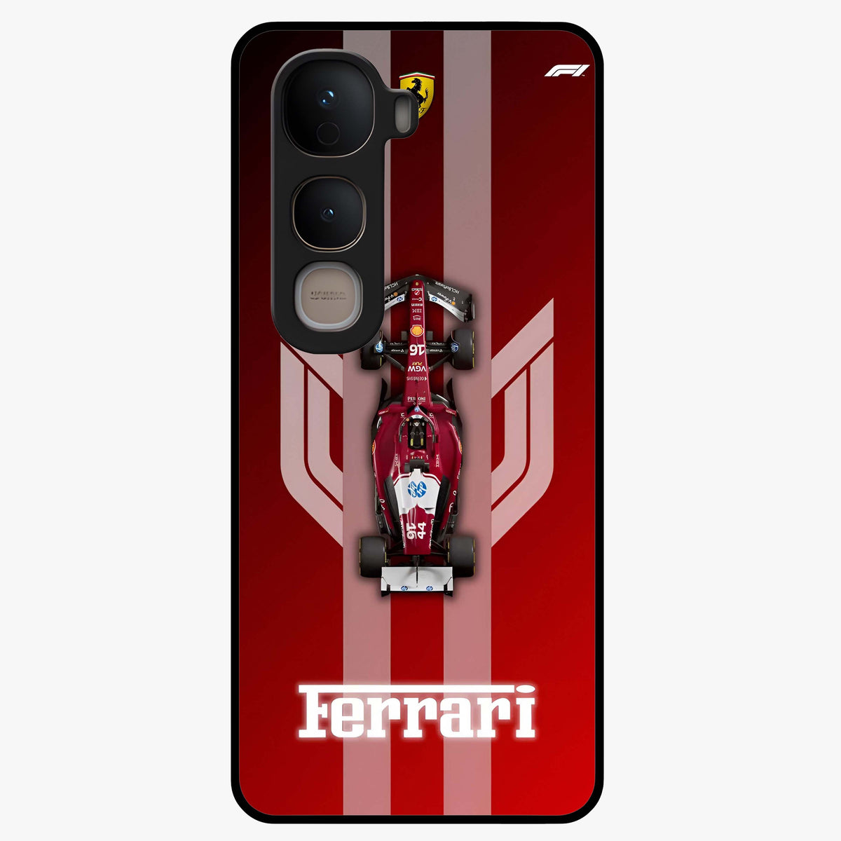 Red Ferrari F1 Vertical Glass Case showing flat back view with sleek Formula racing car artwork and glossy glass finish.