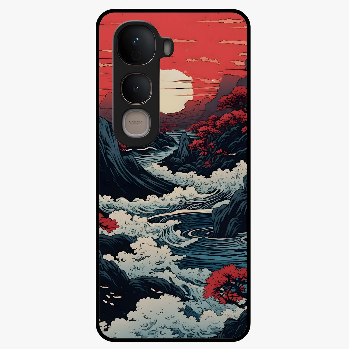 Red Sunset Scenery Glass Case showing flat back view with vibrant sunset landscape artwork and glossy glass finish.
