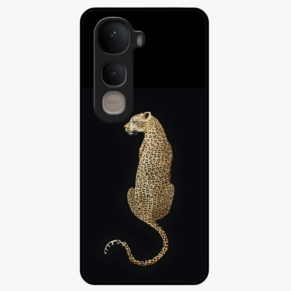 Regal Leopard Glass Case showing flat back view with bold leopard artwork and glossy glass finish.