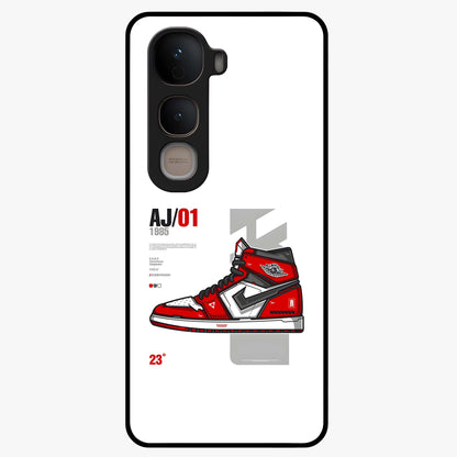 Retro Sneaker Blueprint Glass Case showing flat back view with sneaker blueprint style artwork and glossy glass finish.