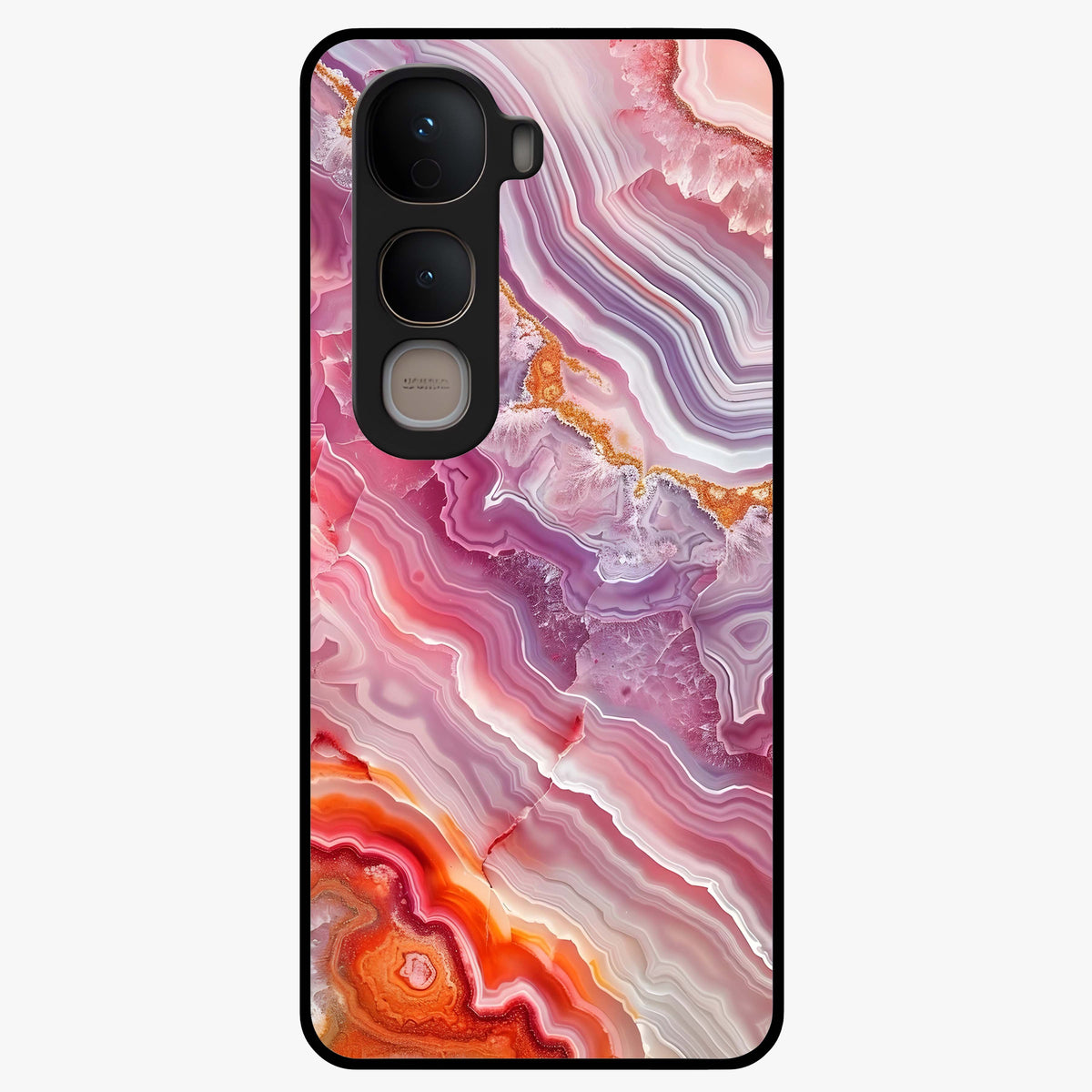Rose Quartz Marble Glass Case showing flat back view with pink marble quartz texture artwork and glossy glass finish.