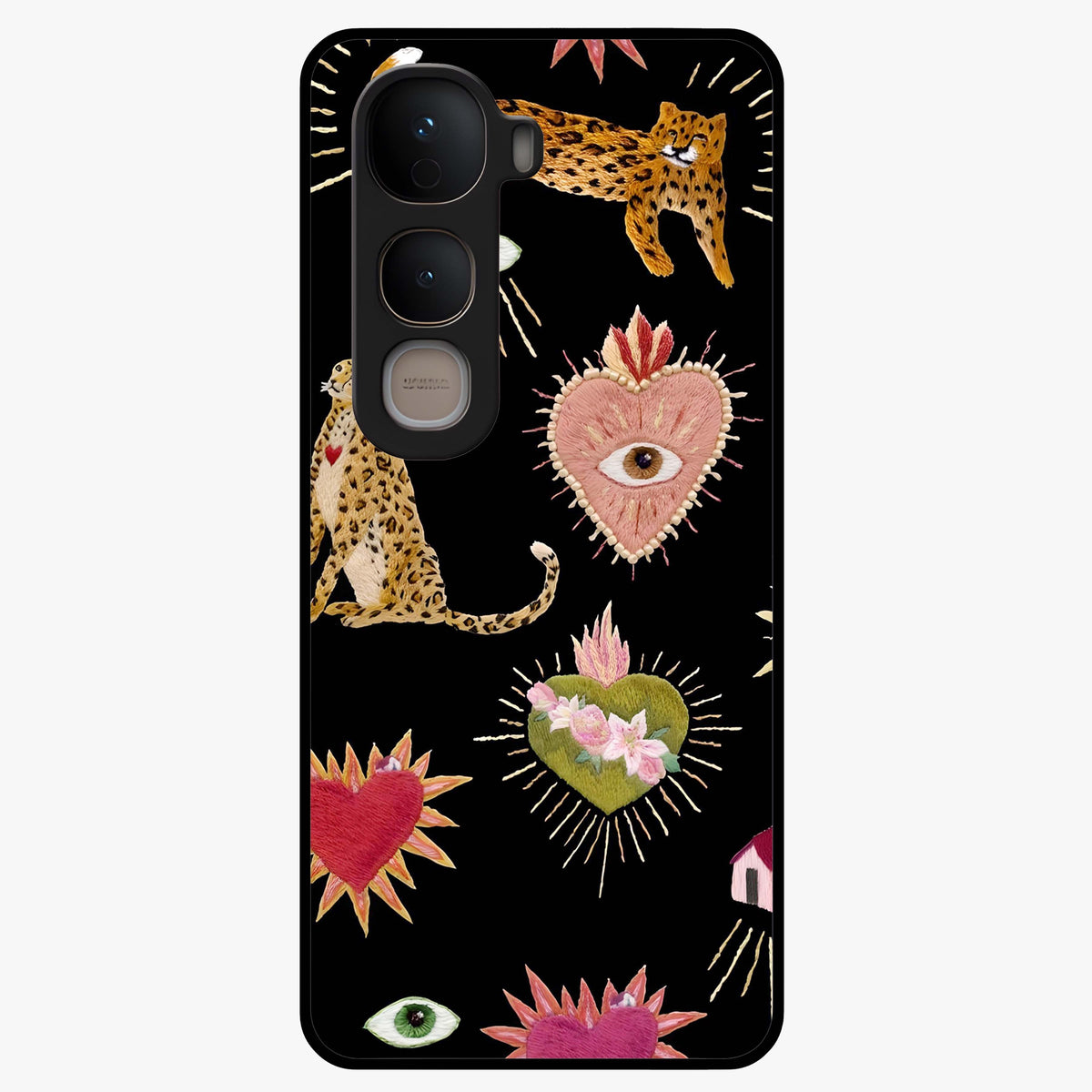Sacred Jungle Heart Glass Case showing flat back view with jungle inspired heart artwork and glossy glass finish.