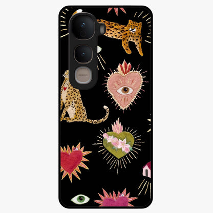 Sacred Jungle Heart Glass Case showing flat back view with jungle inspired heart artwork and glossy glass finish.
