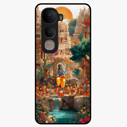 Sacred Sunlight Gods Glass Case showing flat back view with divine sunlight themed artwork and glossy glass finish.