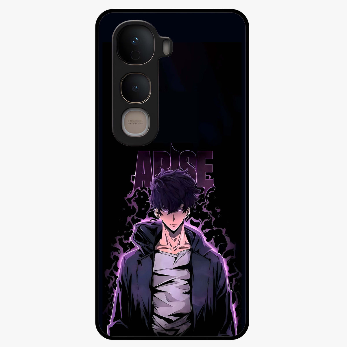 Shadow Monarch Awakening Glass Case showing flat back view with powerful dark monarch themed artwork and glossy glass finish.
