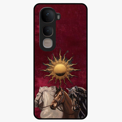 Solar Riders Glass Case showing flat back view with dynamic rider themed artwork and glossy glass finish.