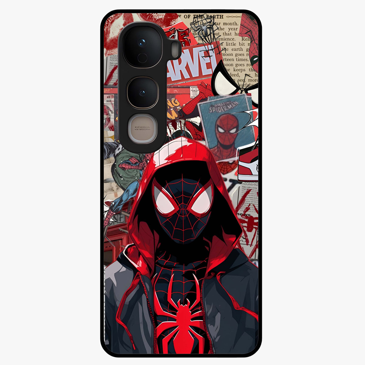 Spider Collage Street Glass Case showing flat back view with vibrant superhero collage artwork and glossy glass finish.