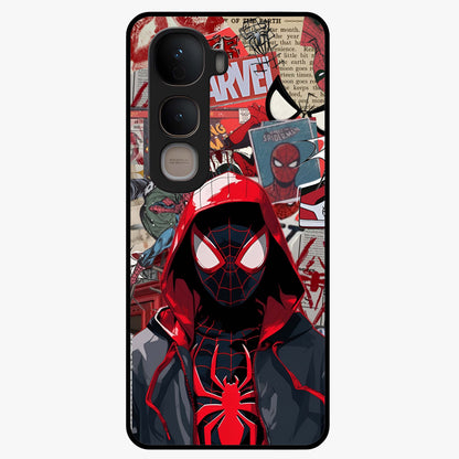 Spider Collage Street Glass Case showing flat back view with vibrant superhero collage artwork and glossy glass finish.