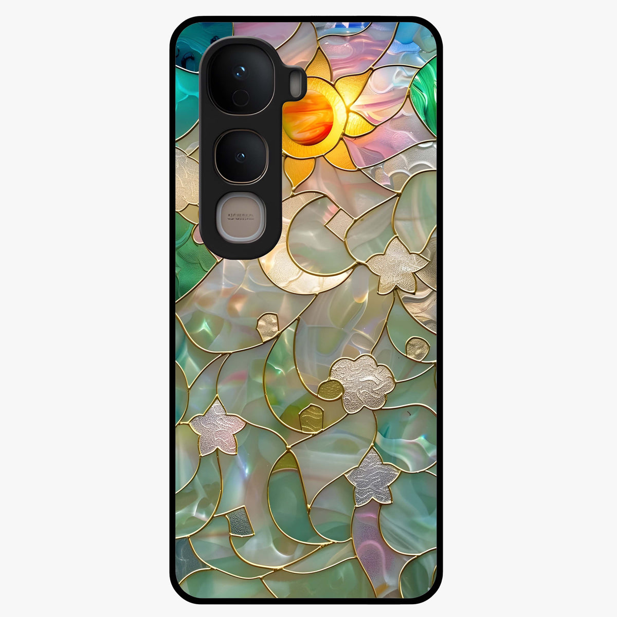 Stained Sunrise Glow Glass Case showing flat back view with glowing sunrise stained pattern artwork and glossy glass finish.