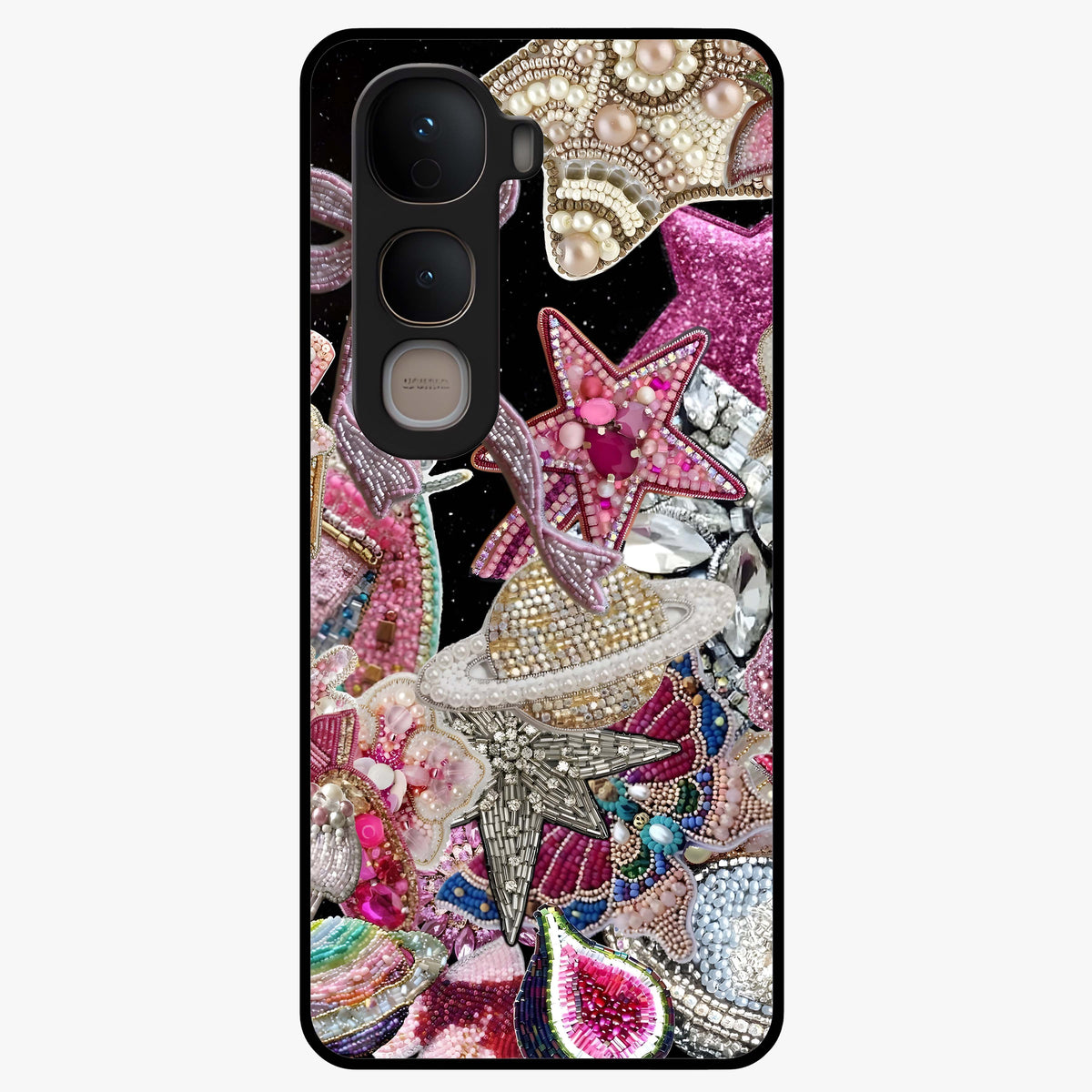 Starlit Jewel Dream Glass Case showing flat back view with sparkling jewel and star themed artwork and glossy glass finish.