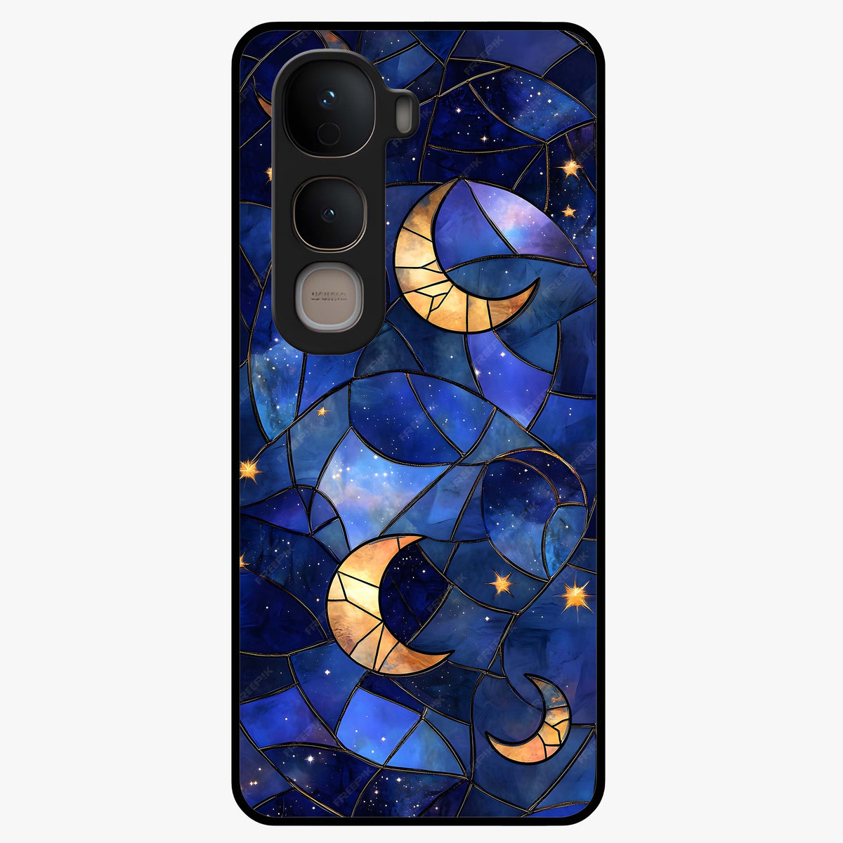Starlit Sky Tapestry Glass Case showing flat back view with decorative starry sky tapestry artwork and glossy glass finish.