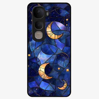 Starlit Sky Tapestry Glass Case showing flat back view with decorative starry sky tapestry artwork and glossy glass finish.