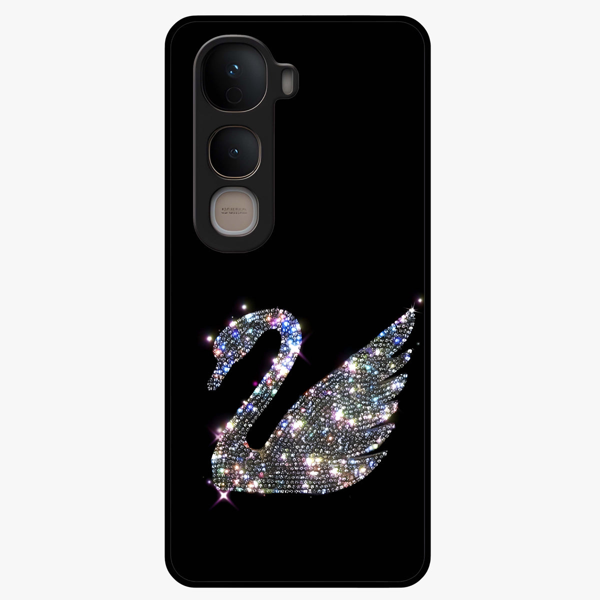 Starlit Swan Grace Glass Case showing flat back view with graceful swan artwork under starry sky and glossy glass finish.