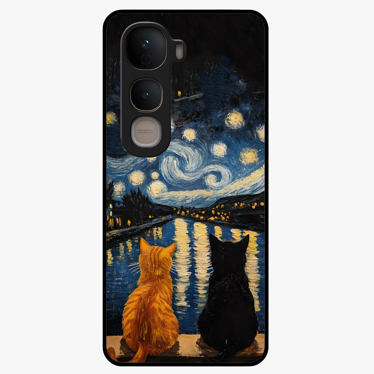 Starry River Cats Glass Case showing flat back view with cats by a starry river artwork and glossy glass finish.