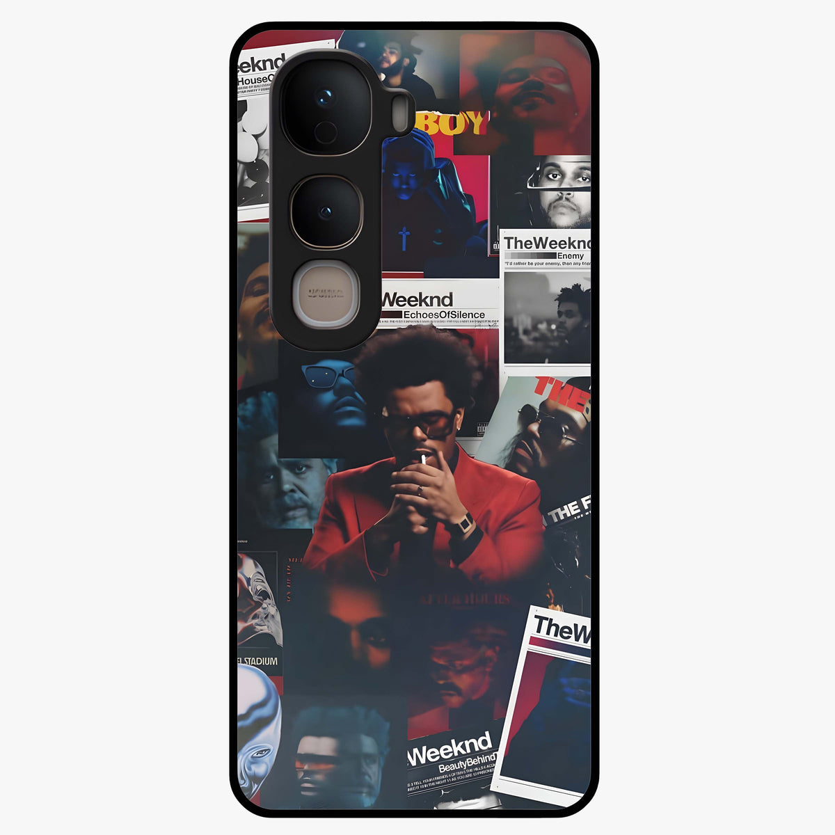 The Weeknd Glass Case showing flat back view with music inspired artistic portrait artwork and glossy glass finish.