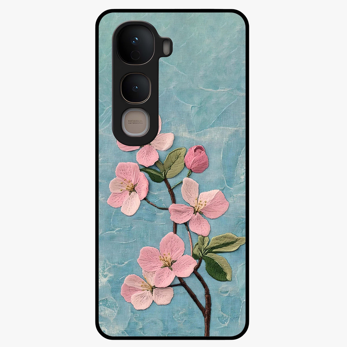 Threaded Blossom Breeze Glass Case showing flat back view with delicate blossom artwork and glossy glass finish.