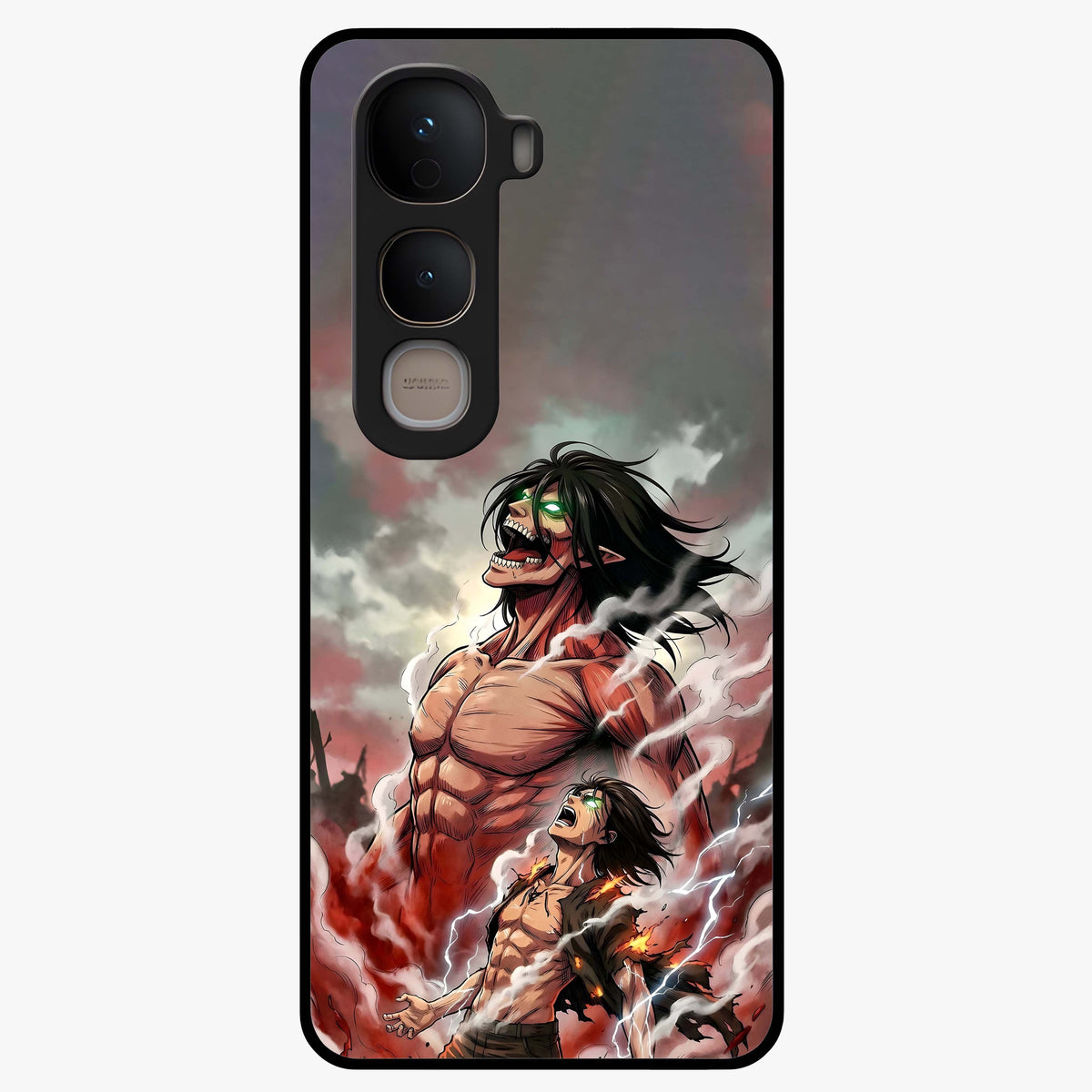 Titan Awakening Fury Glass Case showing flat back view with powerful titan inspired artwork and glossy glass finish.