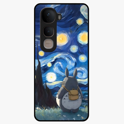 Totoro In Van Gogh Art Glass Case showing flat back view with whimsical character artwork inspired by Van Gogh style and glossy glass finish.
