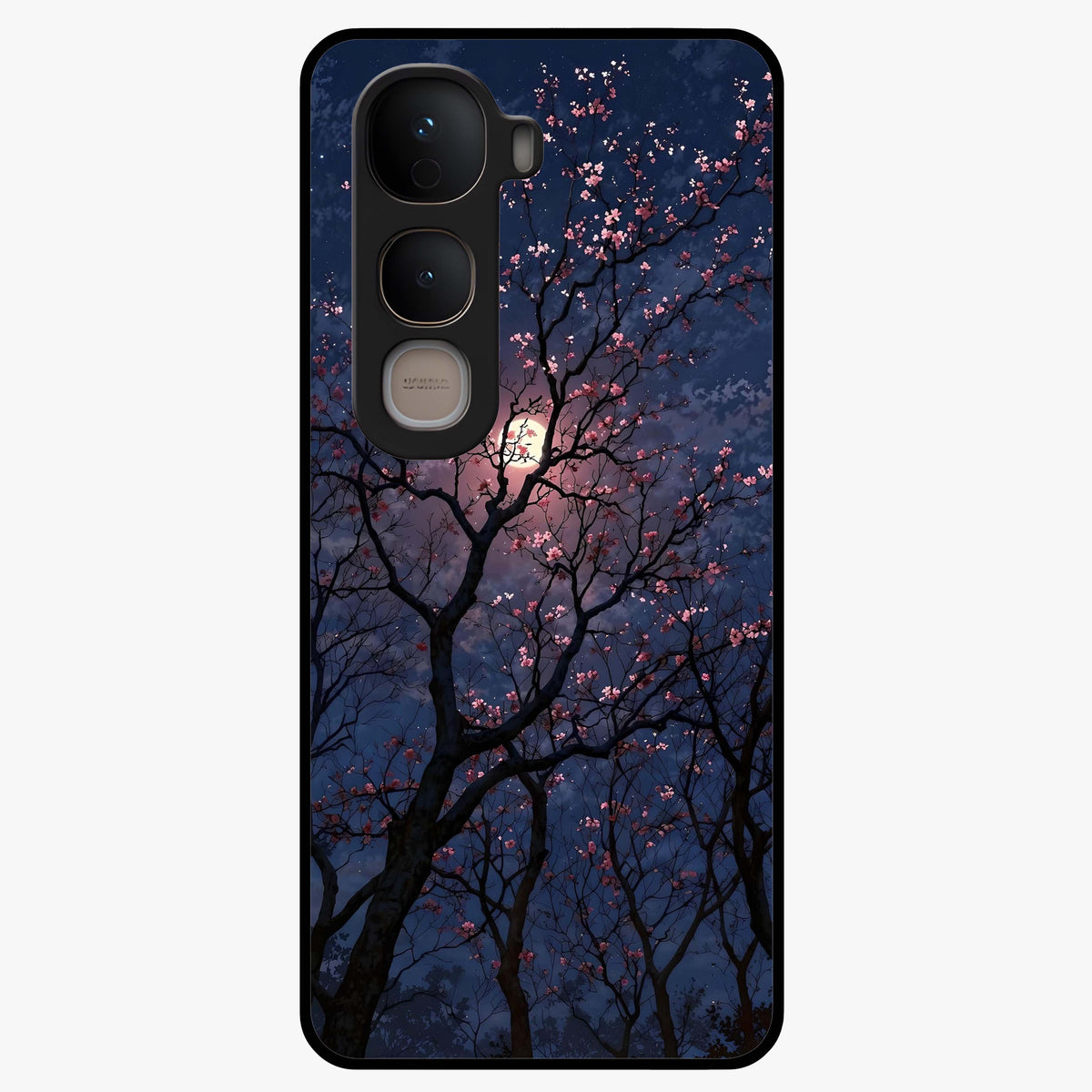 Twilight Sakura Serenade Glass Case showing flat back view with cherry blossom artwork at twilight and glossy glass finish.