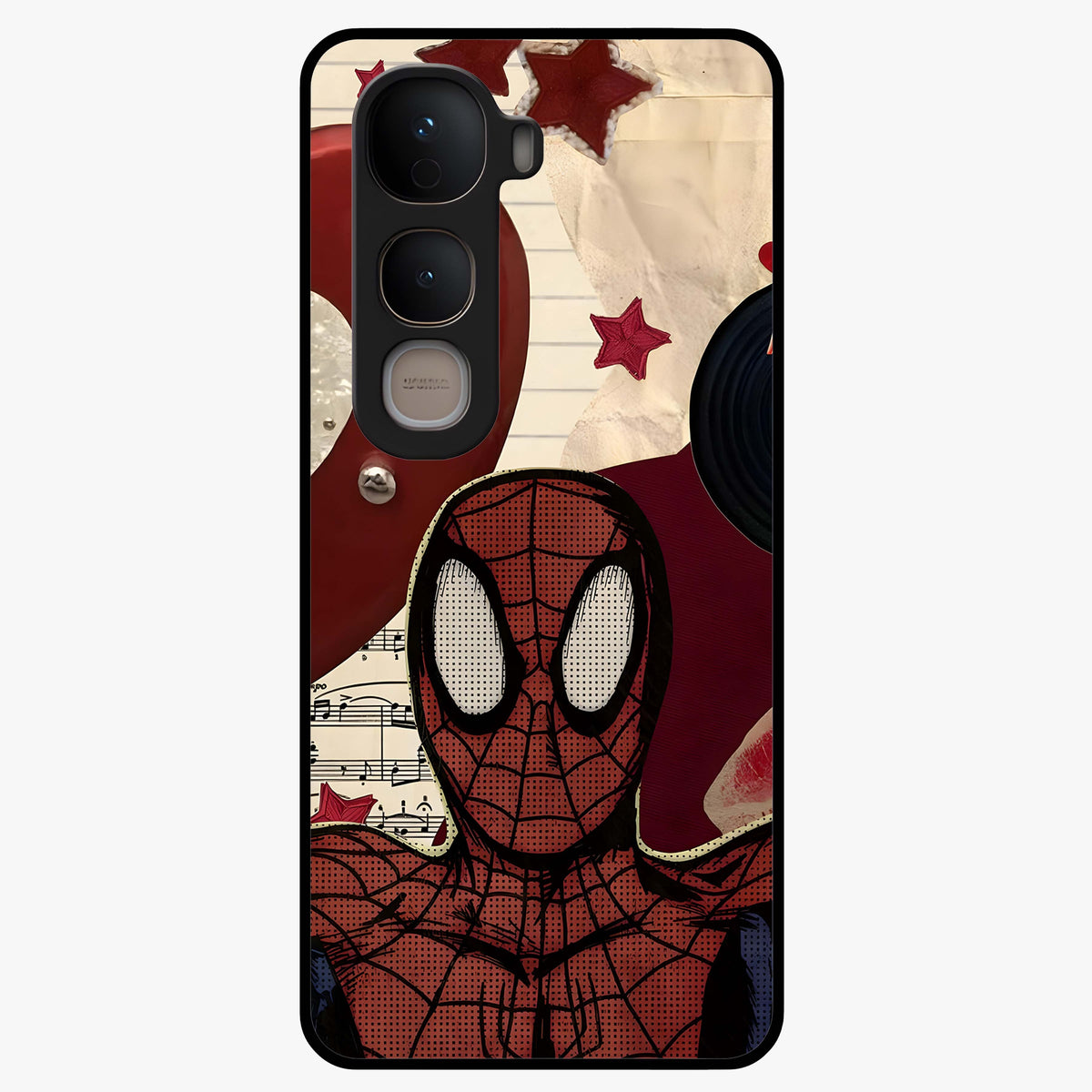 Web Warrior Vibes Glass Case showing flat back view with superhero inspired web themed artwork and glossy glass finish.