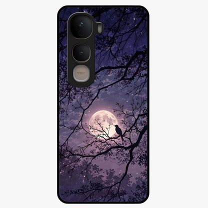 Whispering Moon Silence Glass Case showing flat back view with serene moon themed artwork and glossy glass finish.