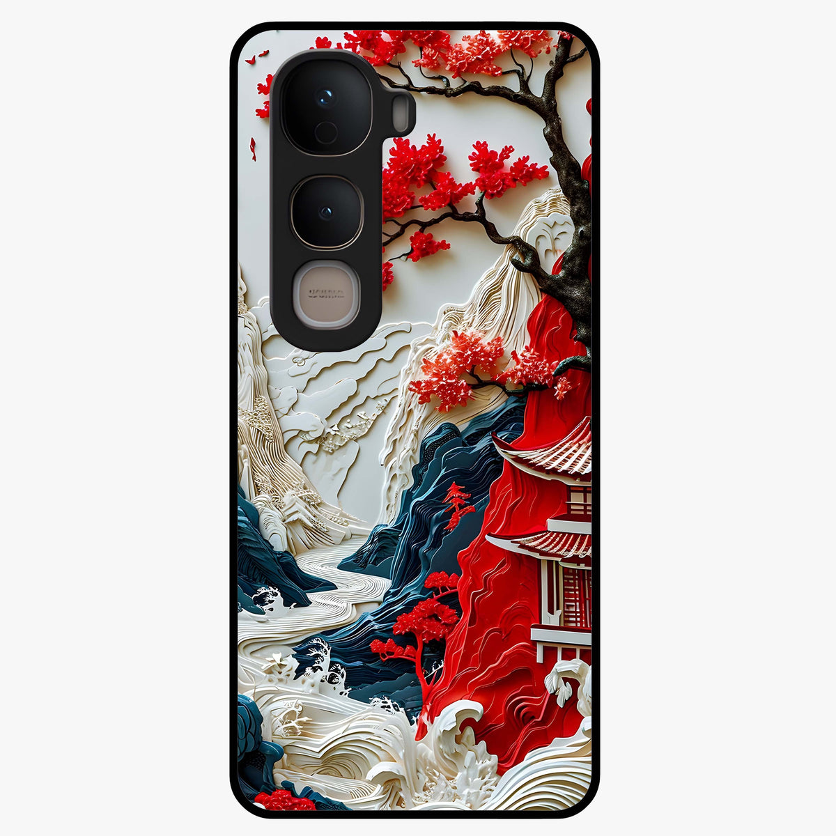 Whispers Of Sakura Waves Glass Case showing flat back view with cherry blossom wave artwork and glossy glass finish.