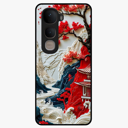 Whispers Of Sakura Waves Glass Case showing flat back view with cherry blossom wave artwork and glossy glass finish.