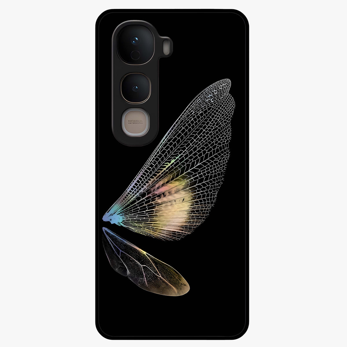 Whispers Of Wings Glass Case showing flat back view with graceful wing inspired artwork and glossy glass finish.