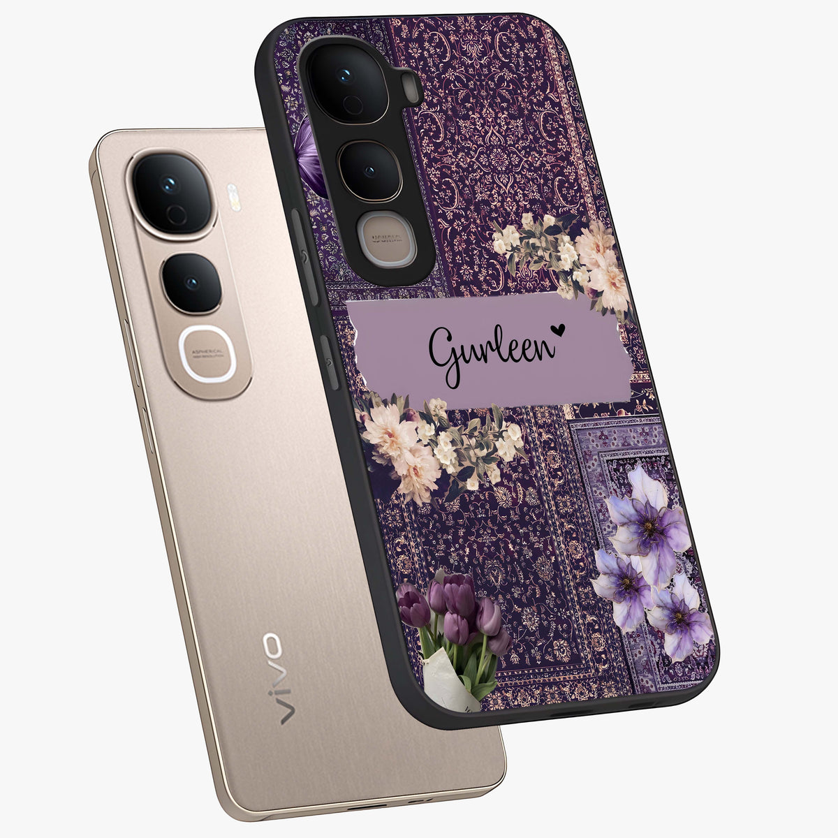 Antique Floral Whisper Custom Name Glass Case displayed in angled mockup highlighting elegant antique floral aesthetic.