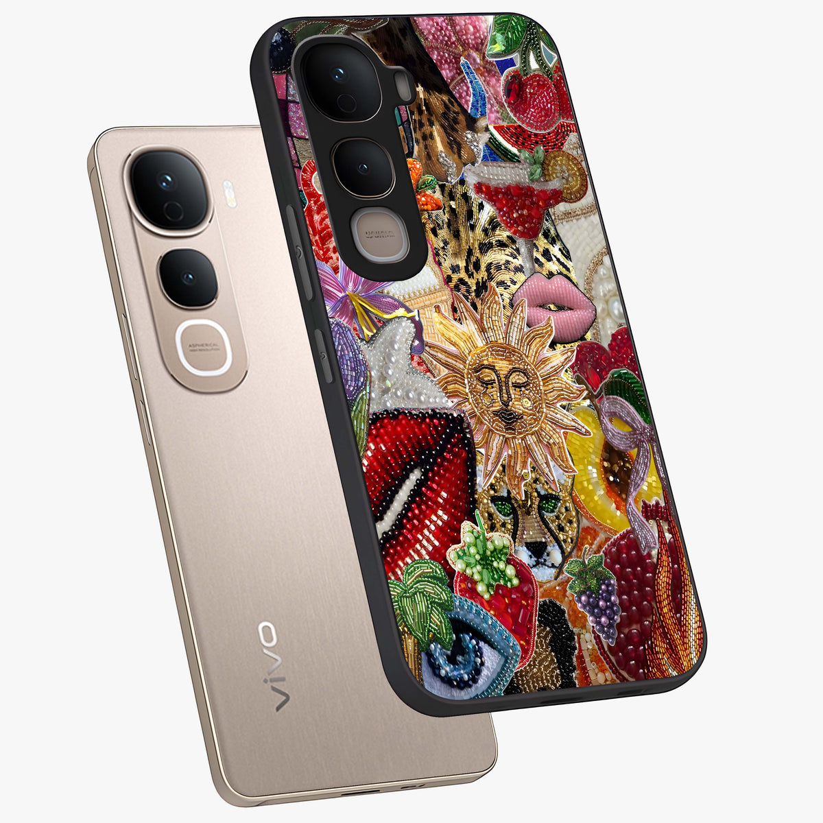 Beaded Fashion Jungle Glass Case displayed in angled mockup highlighting colorful fashion bead design and artistic pattern.