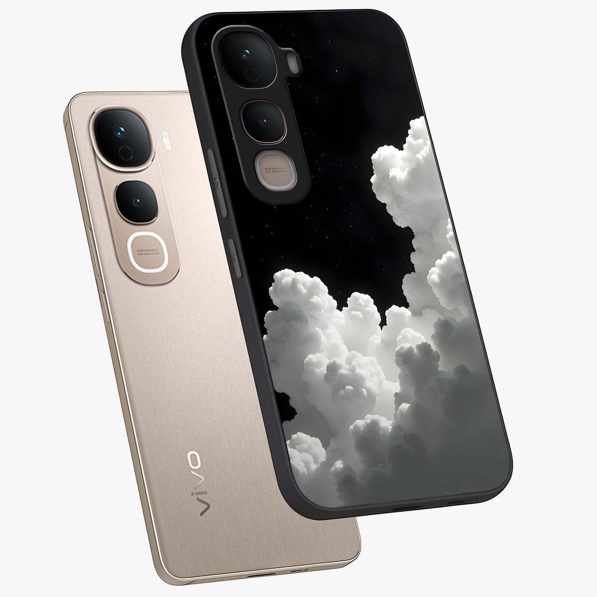 Black Background With White Cloud Glass Case displayed in angled mockup highlighting soft white cloud illustration and minimal design.