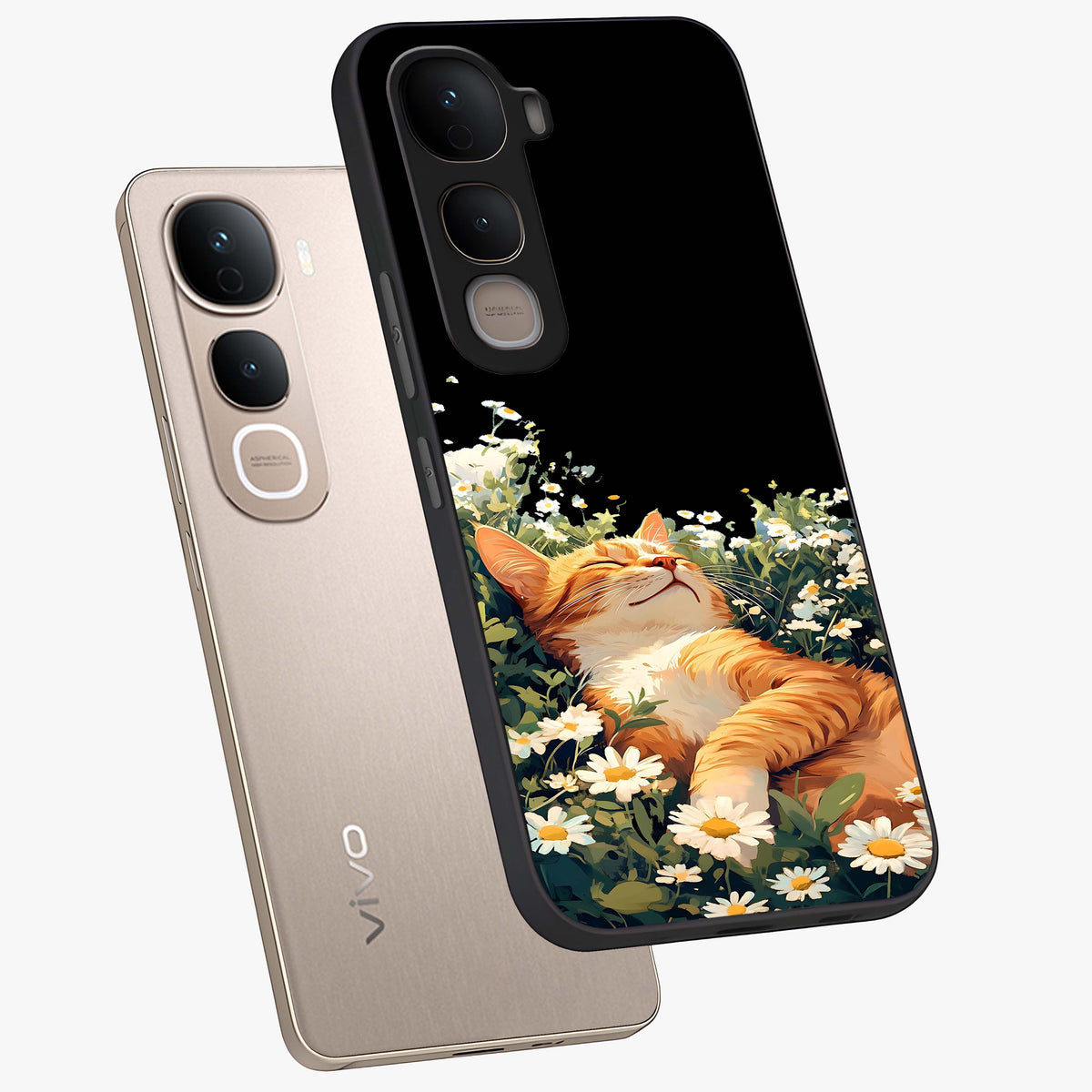 Blissful Bloom Cat Glass Case displayed in angled mockup highlighting playful feline illustration with soft floral aesthetic.