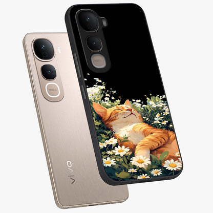 Blissful Bloom Cat Glass Case displayed in angled mockup highlighting playful feline illustration with soft floral aesthetic.