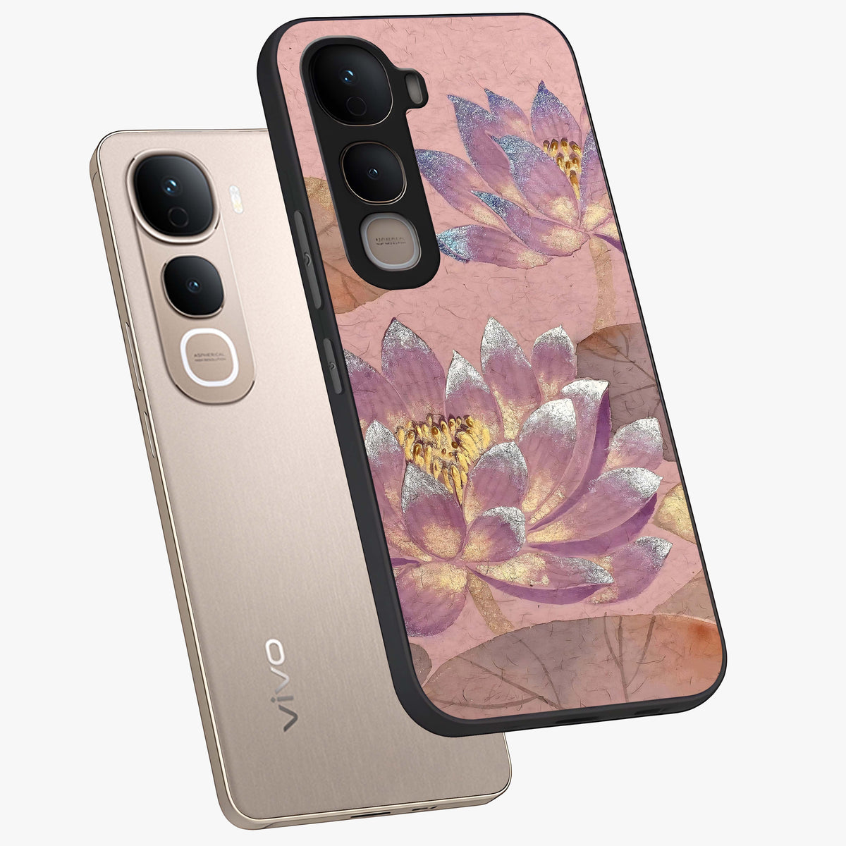 Blossom Mist Lotus Glass Case displayed in angled mockup highlighting delicate lotus illustration with calm aesthetic theme.