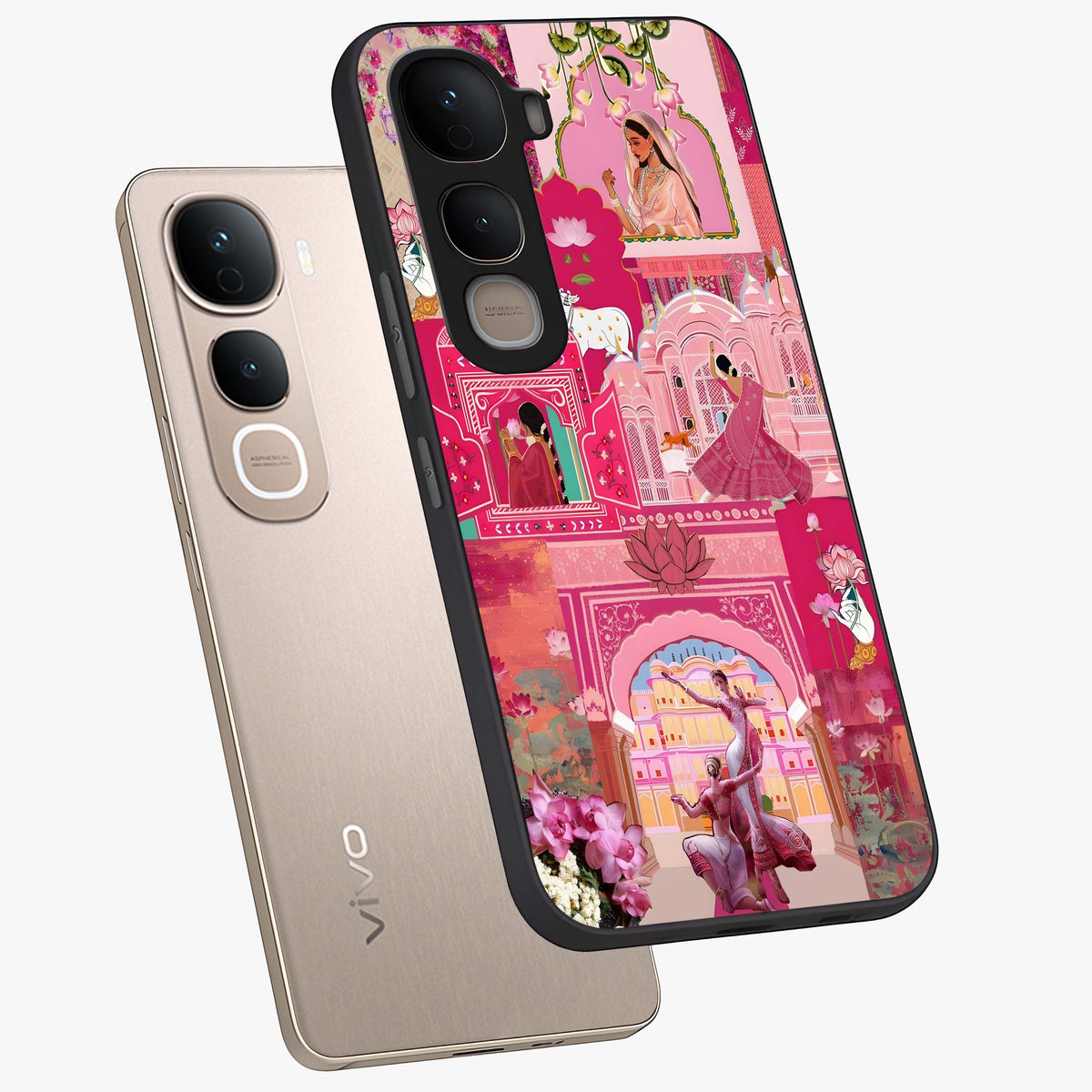 Blossoms of Rajasthan Glass Case displayed in angled mockup highlighting vibrant floral pattern with cultural aesthetic style.