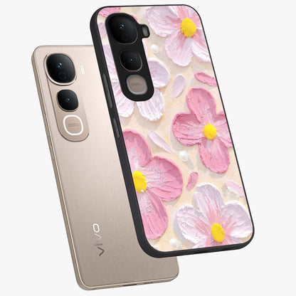 Blush Bloom Texture Glass Case displayed in angled mockup highlighting subtle bloom pattern with aesthetic pastel design.