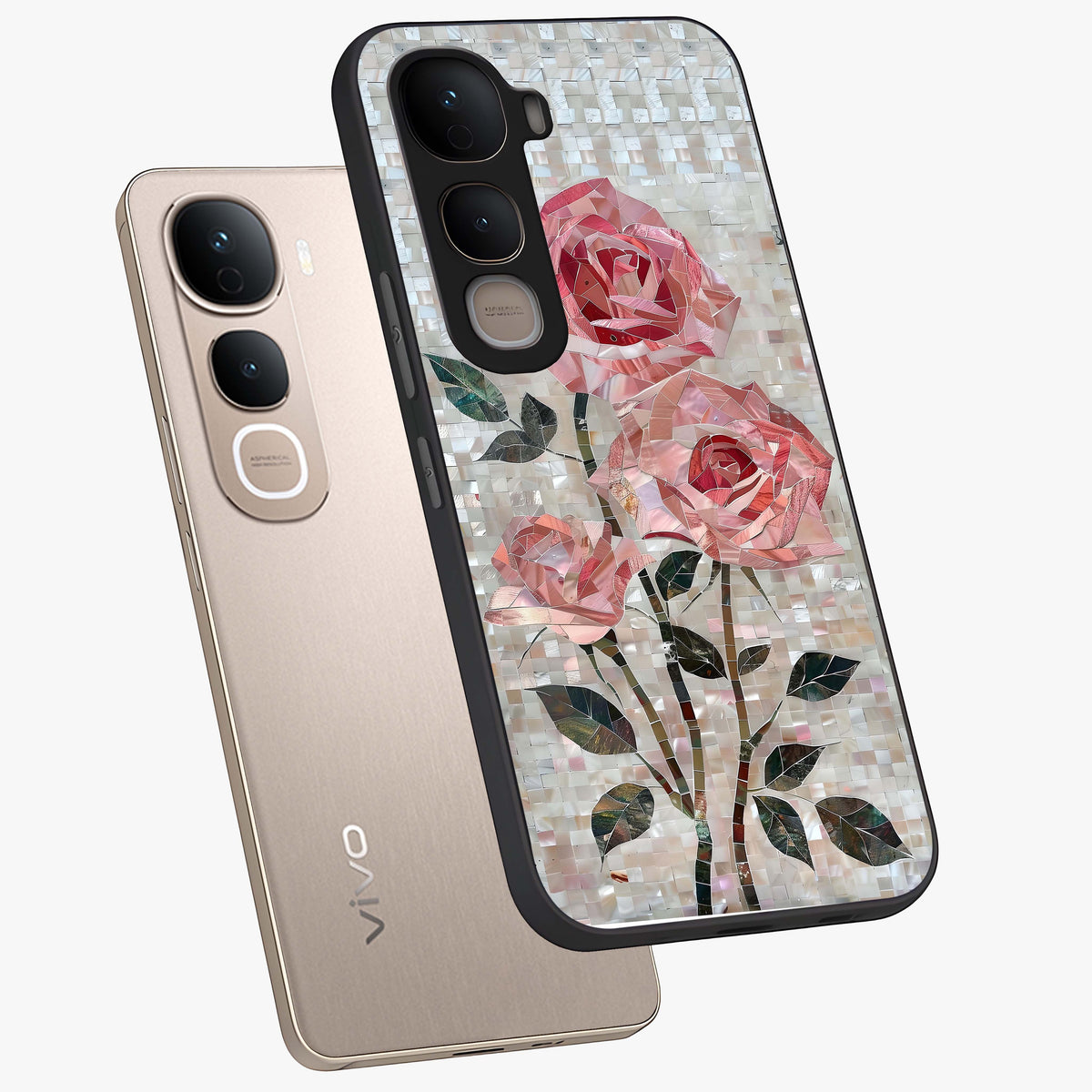 Blush Mosaic Bloom Glass Case displayed in angled mockup highlighting artistic mosaic flower pattern with aesthetic design.