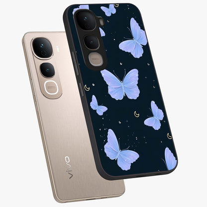 Butterfly With Stars Pattern Glass Case displayed in angled mockup highlighting dreamy butterfly and star design with aesthetic theme.