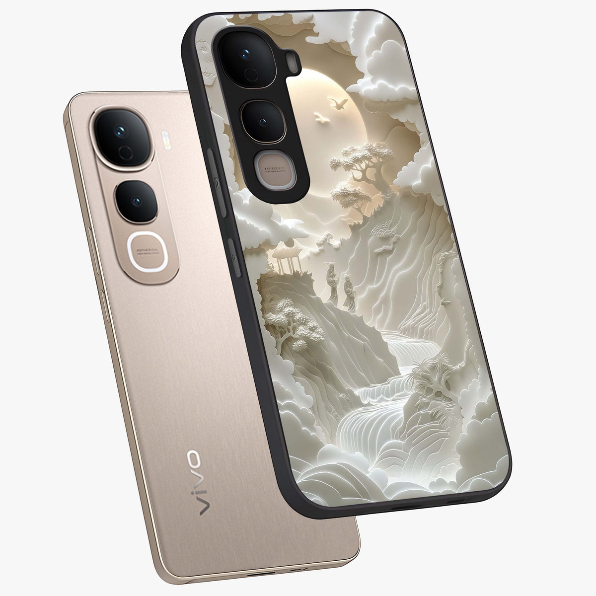 Celestial Origami Glass Case displayed in angled mockup highlighting geometric origami design with cosmic aesthetic theme.