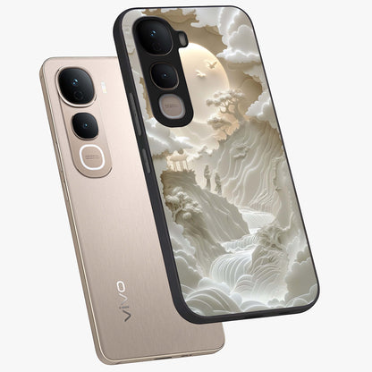 Celestial Origami Glass Case displayed in angled mockup highlighting geometric origami design with cosmic aesthetic theme.