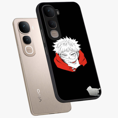 Crimson Chaos Smile Glass Case displayed in angled mockup highlighting edgy crimson smile design with graphic aesthetic.