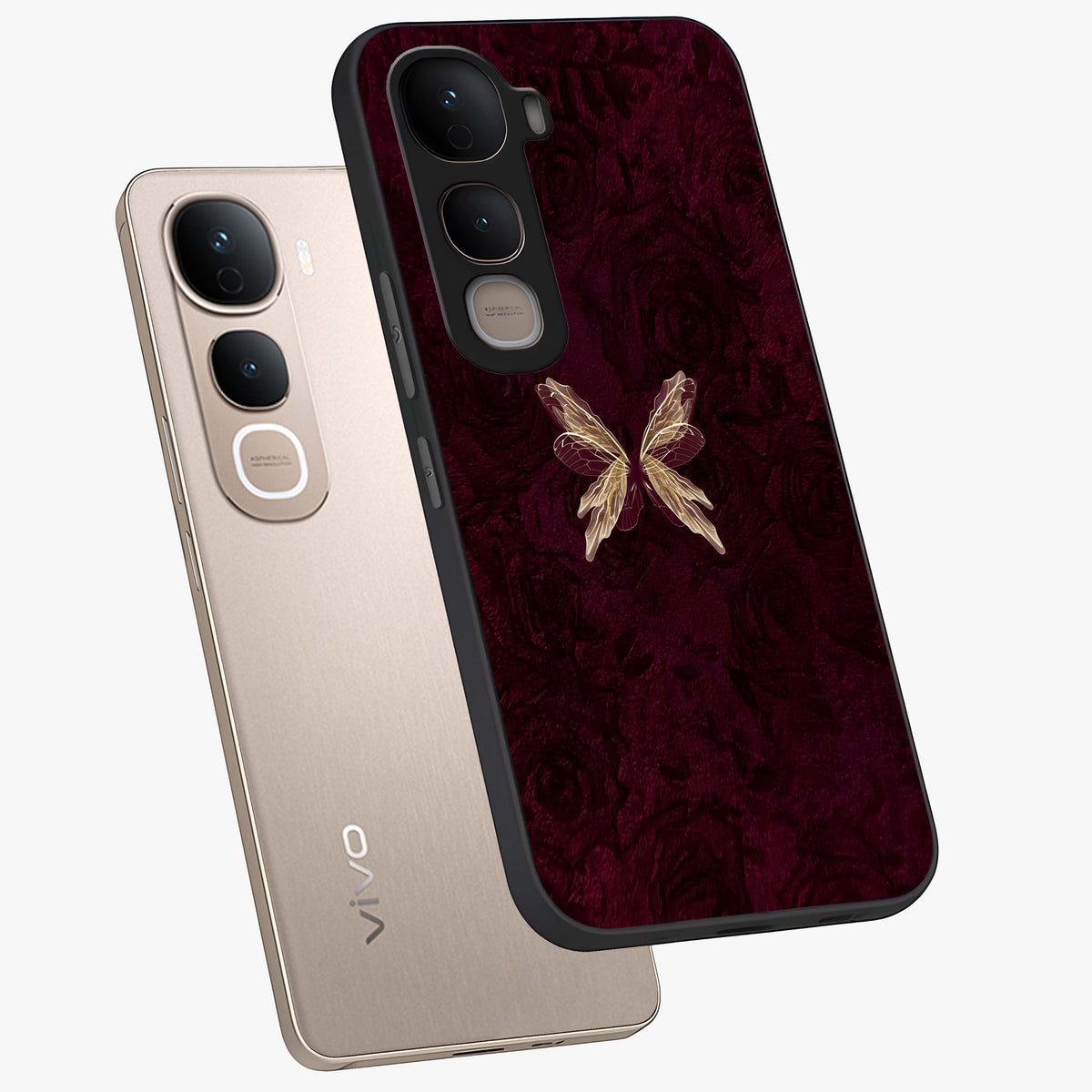 Crimson Fade Butterfly Glass Case displayed in angled mockup highlighting elegant butterfly design with crimson gradient aesthetic.