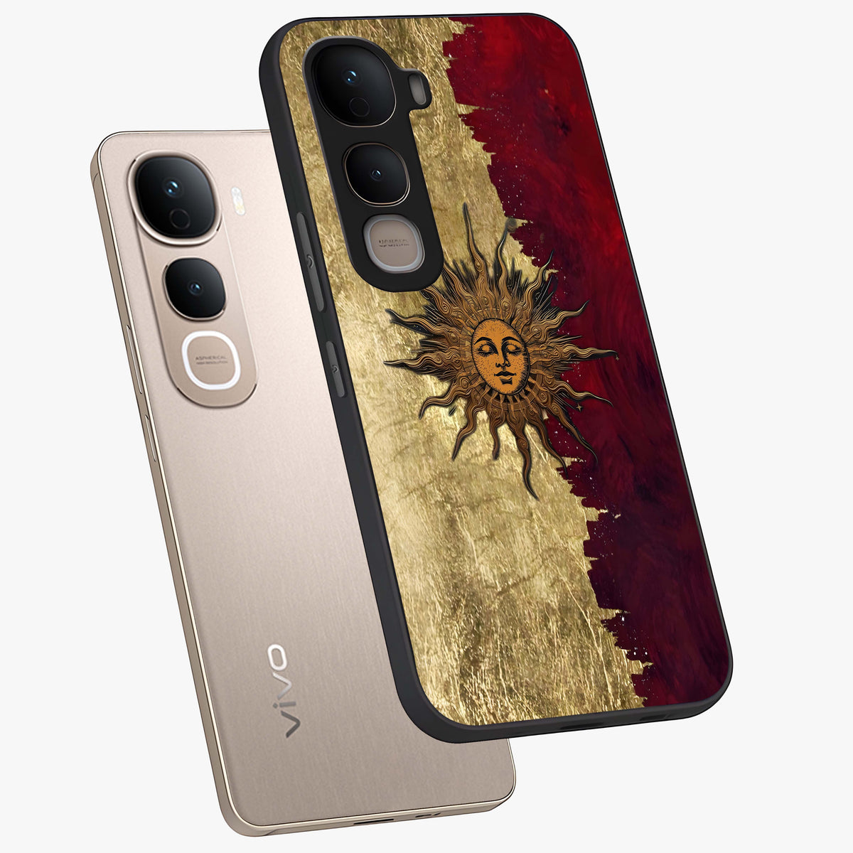 Crimson Sun Majesty Glass Case displayed in angled mockup highlighting majestic crimson sun design with bold aesthetic style.