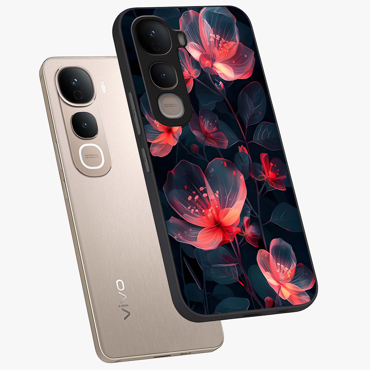 Dark Shade of Flower Glass Case displayed in angled mockup highlighting moody floral illustration with aesthetic dark tones.